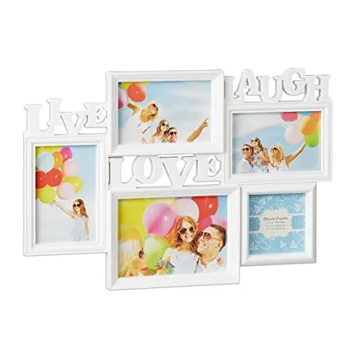 Produktbild: Relaxdays Bilderrahmen Live Love Laugh, 5 Bilder verschiedene Größen, 3D Collage mehrere Fotos, HxB: 31 x 45,5 cm, weiß