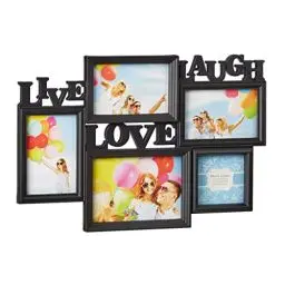 Produktbild: Relaxdays Bilderrahmen Live Love Laugh, 5 Bilder verschiedene Größen, 3D Collage mehrere Fotos, HxB: 31x45,5 cm, schwarz