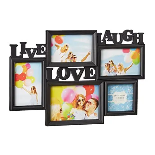 Produktbild: Relaxdays Bilderrahmen Live Love Laugh, 5 Bilder verschiedene Größen, 3D Collage mehrere Fotos, HxB: 31x45,5 cm, schwarz