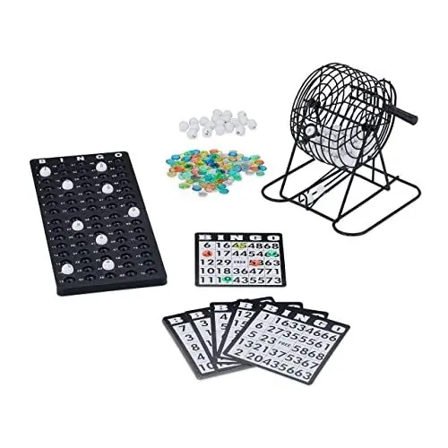 Produktbild: Relaxdays Bingo Spiel, mit Lostrommel, 75 Kugeln, 18 Karten, 150 Chips, Spielbrett, Kinder & Erwachsene, Tombola, bunt