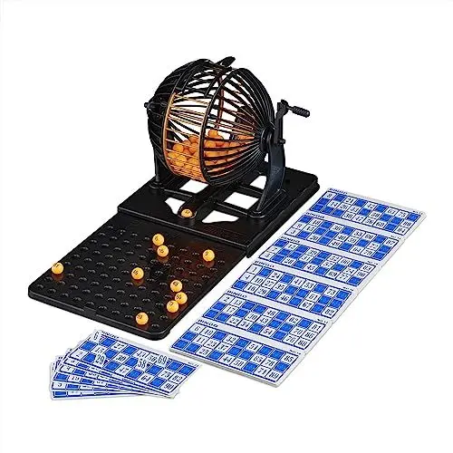 Produktbild: Relaxdays Bingo Spiel mit Lostrommel, 90 Kugeln, 72 Karten, Spielbrett ausziehbar, Kinder & Erwachsene, Tombola, schwarz