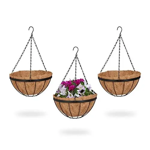 Produktbild: Relaxdays Blumenampel, 3 Körbe, HxD: 50x31 cm, Hängepflanzen, innen & außen, Kokoseinlage, Metallgestell, braun/schwarz, Eisen