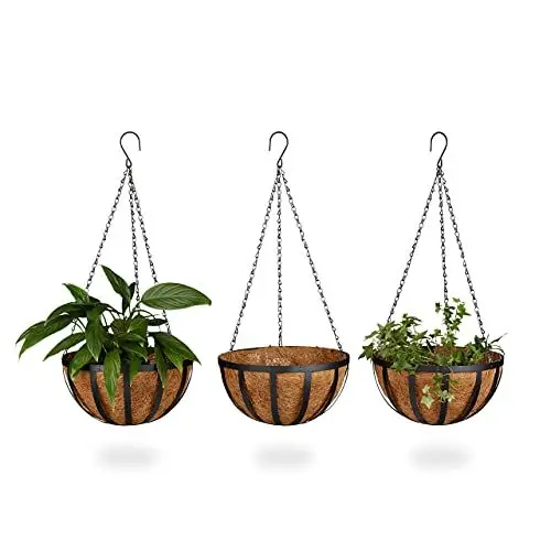 Produktbild: Relaxdays Blumenampel 3 Körbe, Kokos, 21 Liter Volumen, mit Kette, 30 cm Durchmesser als Hängeampel, braun, 30 x 30 x 65 cm