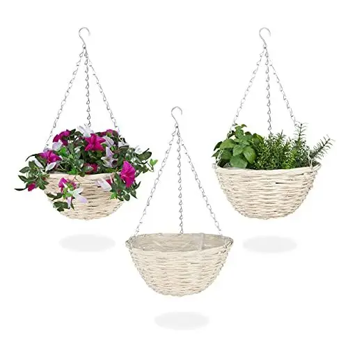 Produktbild: Relaxdays Blumenampel, 3er Set, Weide Korbgeflecht, handgefertigt, Folie, Eisenkette, Hängetopf HxD: 12 x 25 cm, Natur
