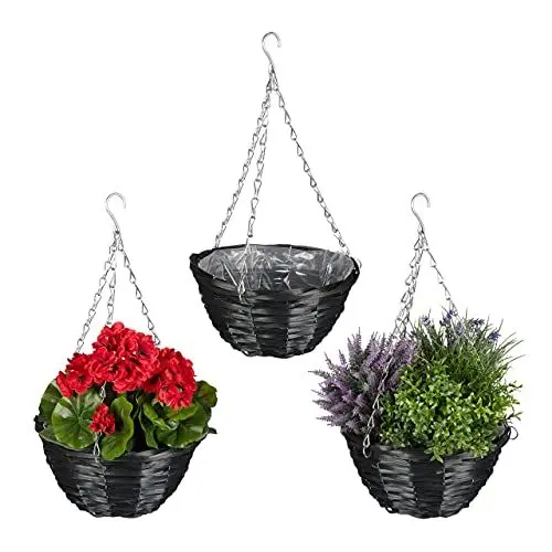 Produktbild: Relaxdays Blumenampel, 3er Set, Weide Korbgeflecht, handgefertigt, Folie, Eisenkette, Hängetopf HxD 13 x 25 cm, schwarz