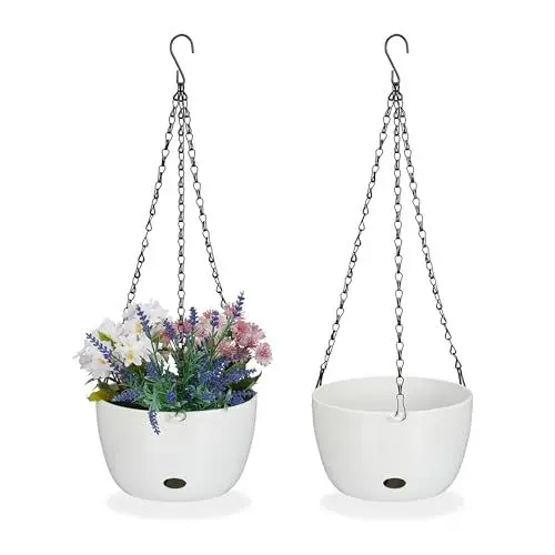 Produktbild: Relaxdays Blumenampel mit Wasserspeicher, 2er Set, HxD 56x20,5 cm, außen & innen, hängender Blumentopf, Kunststoff, weiß, 56 x 20,5 cm