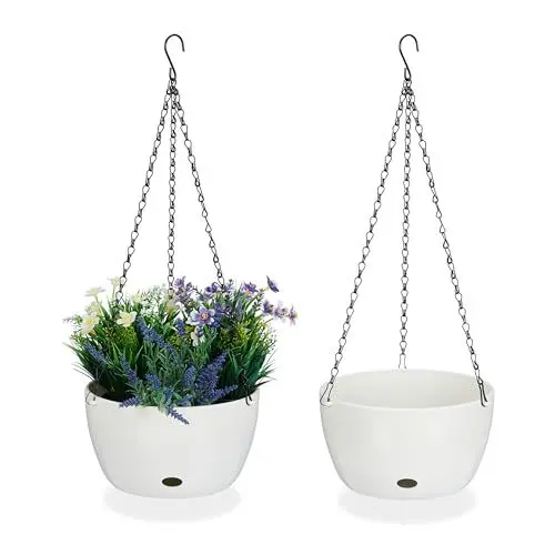 Produktbild: Relaxdays Blumenampel mit Wasserspeicher, 2er Set, HxD 60 x 24 cm, außen & innen, hängender Blumentopf, Kunststoff, weiß