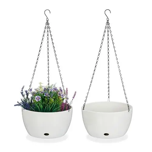 Produktbild: Relaxdays Blumenampel mit Wasserspeicher, 2er Set, HxD 67x28,5 cm, außen & innen, hängender Blumentopf, Kunststoff, weiß, 67 x 28,5 cm
