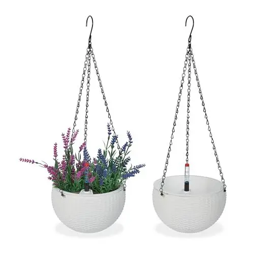 Produktbild: Relaxdays Blumenampel mit Wasserspeicher, 2er Set, Wasseranzeige, Flechtoptik, HxD: 54x18,5 cm, Blumentopf hängend, weiß