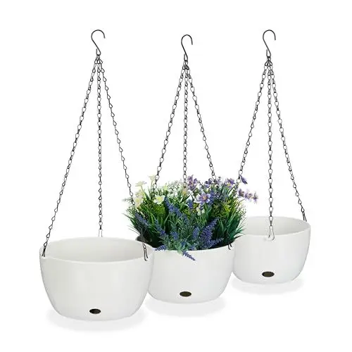 Produktbild: Relaxdays Blumenampel mit Wasserspeicher, Set, 3 Größen, Selbstbewässerung, außen & innen, hängender Blumentopf, weiß, Kunststoff, 67 x 28,5 cm