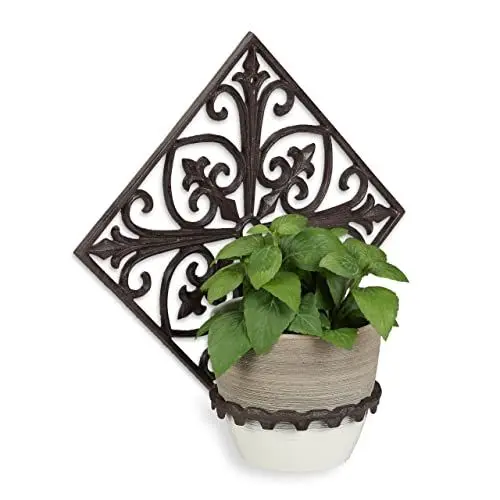 Produktbild: Relaxdays Blumenhalter Wand, Gusseisen, antik, Wandblumentopfhalter Garten, Ø 13 cm, dekorativ verziert, dunkelbraun