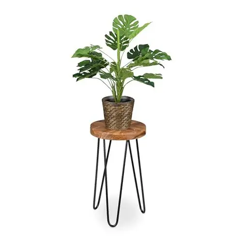 Produktbild: Relaxdays Blumenhocker, Akazienholz, rund, für Blumentöpfe, Pflanzkübel, Retro Blumenständer HD: 42x25 cm, braun/schwarz