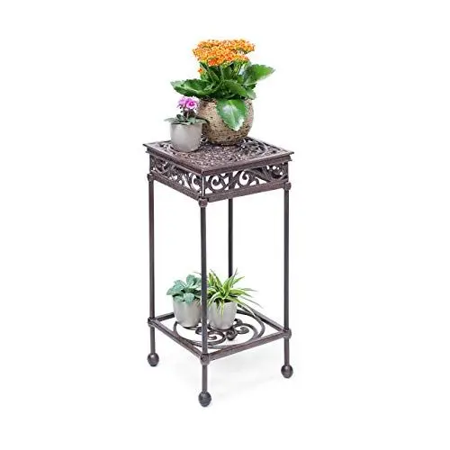 Produktbild: Relaxdays Blumenhocker quadratisch Größe M aus Gusseisen HBT ca. 50,5 x 24 x 24 cm Blumenständer mit 2 Ablagen Beistelltisch für Blumen und Dekoration in Haus und Garten Hocker für Pflanzen, bronze