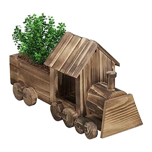Produktbild: Relaxdays Blumenkarre, Eisenbahn, Garten Dekoration, geflammtes Holz, Blumentopf mit Folie, HBT: 21 x 38 x 13 cm, Natur
