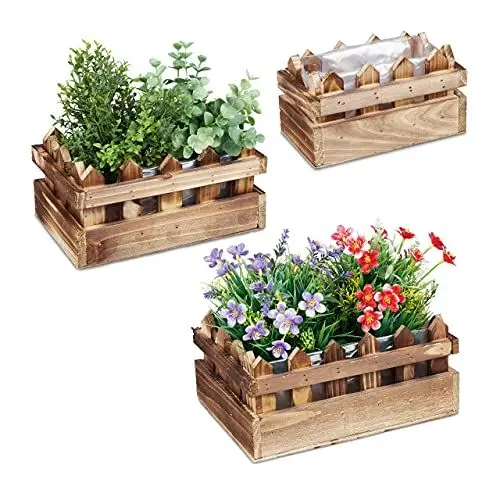 Produktbild: Relaxdays Blumenkasten 3er Set, Holz, Zaunoptik, Balkon & Fensterbank, Pflanzkästen in vers. Größen, Balkonkasten, Natur