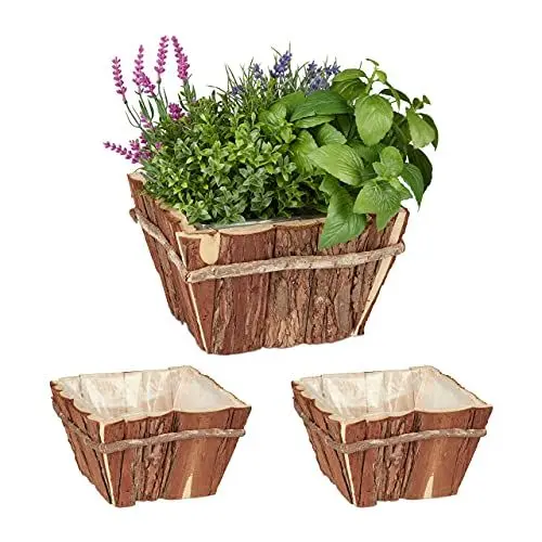 Produktbild: Relaxdays Blumenkasten 3er Set, Holzblumenkasten mit Rinde, Balkon & Garten, quadratisch, HBT: 13,5x23,5x23,5 cm, Natur