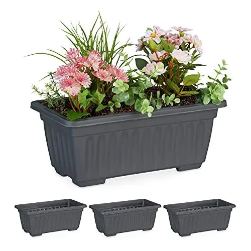 Produktbild: Relaxdays Blumenkasten 4er Set, drinnen & draußen, eckiger Blumentopf, HxBxT: 14 x 34 x 18,5 cm, Kunststoff, anthrazit