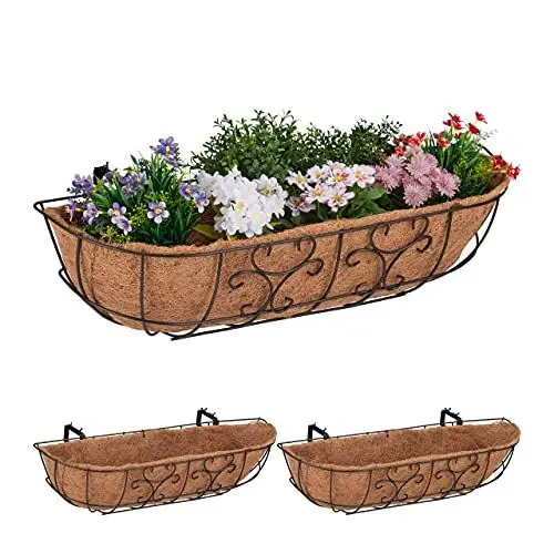 Produktbild: Relaxdays Blumenkasten Balkon, 3er Set, Balkonkasten zum Einhängen, Eisen & Kokosfaser, HBT 21 x 76 x 22 cm, braun/Natur