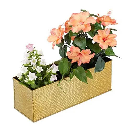 Produktbild: Relaxdays Blumenkasten für Innen, Pflanzkübel, Metall Kübel für Blumentöpfe und Kräuter, rechteckiger Blumenkübel, gold, 13,50 x 40,00 x 12,50cm