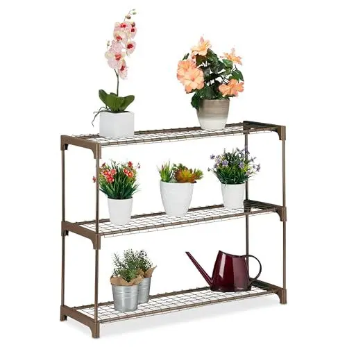 Produktbild: Relaxdays Blumenregal, 3 Ablagen, Blumen- & Pflanzentöpfe, Metall & Kunststoff, HxBxT: 72x91x28 cm, Kräuterregal, braun