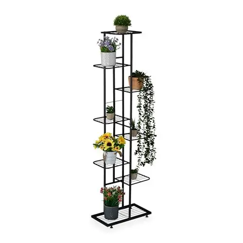 Produktbild: Relaxdays Blumenregal, 8 Ablagen für bis zu 9 Blumen- & Pflanzentöpfe, Metall, Pflanzentreppe, 142x45x22 cm, schwarz