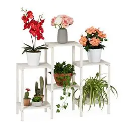 Produktbild: Relaxdays Blumenregal Holz, 6 Ablagen für Pflanzen, dekorative Blumentreppe für Indoor, stehend, 70 x 89 x 26,5 cm, weiß, Medium