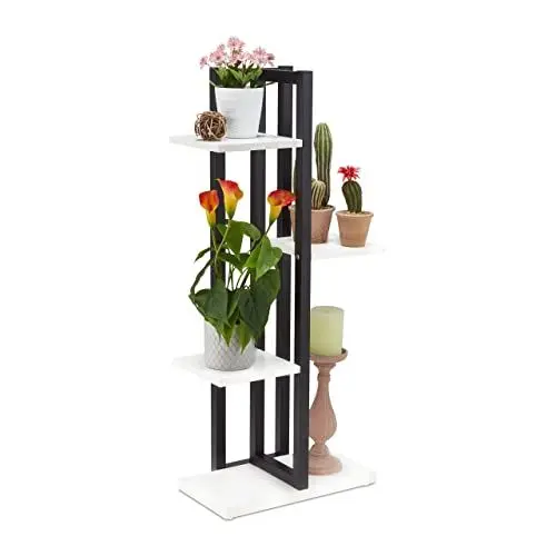Produktbild: Relaxdays Blumenregal Metall, 4-stufige Indoor Blumentreppe, Holzoptik, HxBxT: 93 x 42,5 x 22,5 cm, Pflanzenregal, weiß