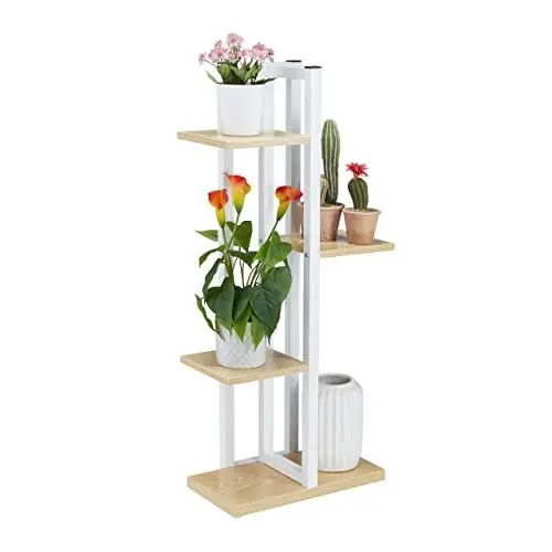Produktbild: Relaxdays Blumenregal Metall, 4-stufige Indoor Blumentreppe, Holzoptik, HxBxT: 93x42,5x22,5 cm, Pflanzenregal, hellbraun