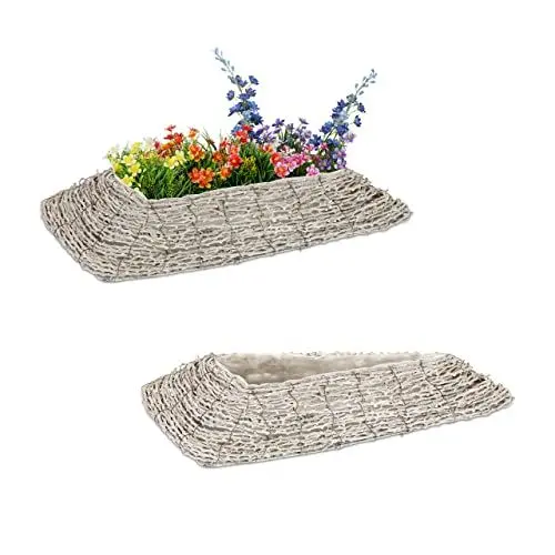 Produktbild: Relaxdays Blumentopf, 2er Set, Rattan, Pflanzentöpfe mit Folie, HBT: 10 x 55 x 25 cm, Pflanzkörbe für innen, weiß/Natur