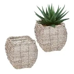 Produktbild: Relaxdays Blumentopf, 2er Set, Rattan, Pflanzentöpfe mit Folie, HBT: 20 x 20 x 20 cm, Pflanzkörbe für innen, weiß/Natur