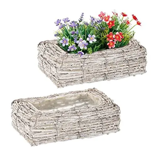 Produktbild: Relaxdays Blumentopf, 2er Set, Rattan, Pflanzentöpfe mit Folie, HxBxT: 8 x 27 x 17 cm, Pflanzkörbe für innen, weiß/Natur