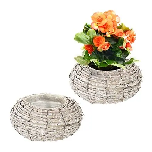 Produktbild: Relaxdays Blumentopf, 2er Set, Rattan, Pflanzentöpfe mit Folie, HxD: 10 x 20 cm, runde Pflanzkörbe für innen, weiß/Natur