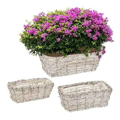 Produktbild: Relaxdays Blumentopf, 3 Verschiedene Größen, aus Rattan, Pflanzentöpfe mit Folie, Pflanzkörbe für drinnen, weiß/Natur