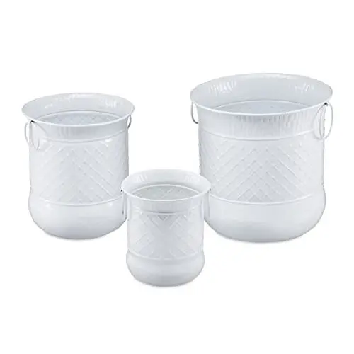 Produktbild: Relaxdays Blumentopf, 3er Set, Antik Design D, Balkon und Terrasse, mit Henkel, Eisen, Übertopf in 3 Größen, weiß, 35 x 35 x 35 cm