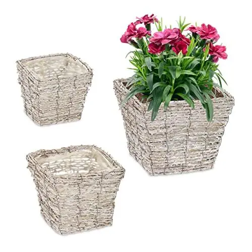 Produktbild: Relaxdays Blumentopf, 3er Set, Rattan, Pflanzentöpfe mit Folie, 3 Größen, quadratische Pflanzkörbe für innen, weiß/Natur