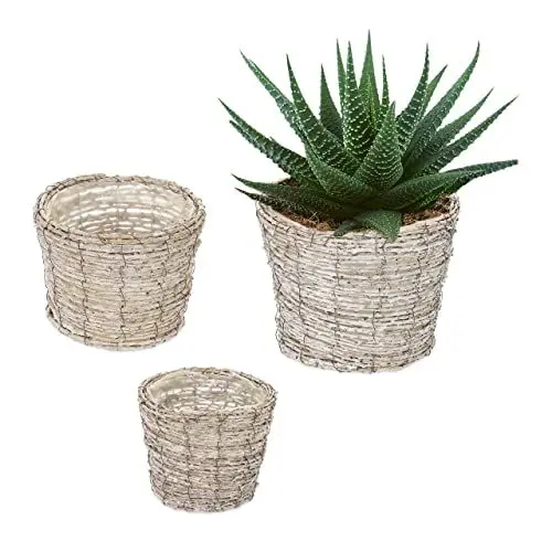 Produktbild: Relaxdays Blumentopf, 3er Set, Rattan, Pflanzentöpfe mit Folie, 3 Größen, runde Blumenübertöpfe für innen, weiß/Natur