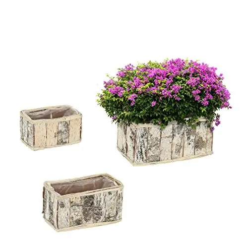 Produktbild: Relaxdays Blumentopf, 3er Set, länglich, Birke, Pflanzentöpfe mit Folie, Pflanzkörbe für innen und außen, weiß/Natur