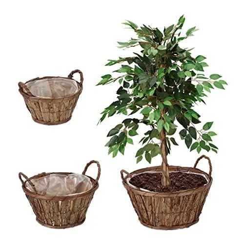 Produktbild: Relaxdays Blumentopf 3er Set, mit Rinde, für Blumen & Kräuter, Pflanzenkorb mit Folie, 3 Größen, Holz Pflanzgefäß, Natur