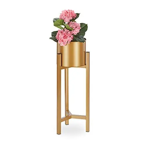 Produktbild: Relaxdays Blumentopf Ständer, Blumenständer inklusive Topf, modern, Pflanzenständer Metall, HxD: 60 x 21,5 cm, Gold