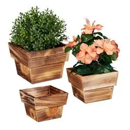 Produktbild: Relaxdays Blumentopf im 3er Set, geflammtes Holz, für außen & innen, viereckig, Deko für Pflanzen, Pflanzengefäß, Natur