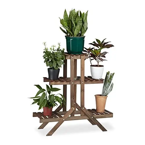 Produktbild: Relaxdays Blumentreppe 3 Ebenen, Aus Holz, Blumenständer für innen, Mehrstöckig, HBT: ca. 82,5 x 83 x 28,5 cm, dunkelbraun