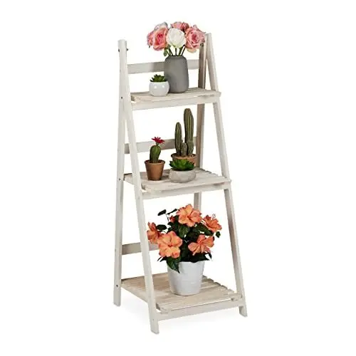 Produktbild: Relaxdays Blumentreppe, für innen & Balkon, Shabby-Chic Design, freistehend & klappbar, HBT 108x41x40 cm, 3 Stufen, weiß