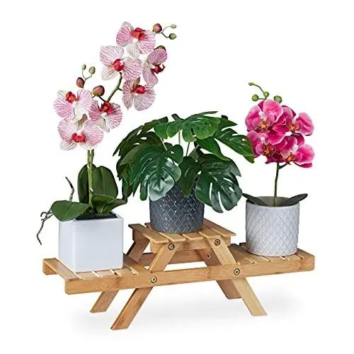 Produktbild: Relaxdays Blumentreppe, mit 3 Ablagen, für die Fensterbank, aus Bambus, Pflanzenregal, HBT: 17 x 51,5 x 15 cm, Natur