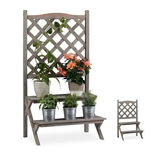 Produktbild: Relaxdays Blumentreppe mit Rankgitter, Blumenregal mit 2 Stufen, Pflanzentreppe Holz für Blumen, HBT: 109x61x40 cm, grau