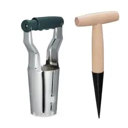 Produktbild: Relaxdays Blumenzwiebelpflanzer, 2er Set, Setzholz & Zwiebelpflanzer, Blumenzwiebeln Pflanzen, Metall & Holz, Mehrfarbig