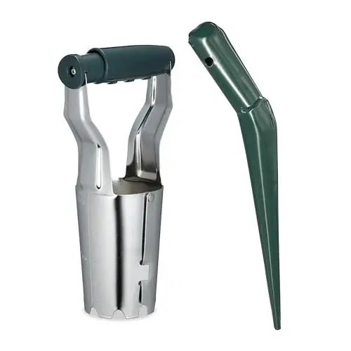 Produktbild: Relaxdays Blumenzwiebelpflanzer, 2er Set, Setzholz & Zwiebelpflanzer, Blumenzwiebeln Pflanzen, Metall, grün/Silber