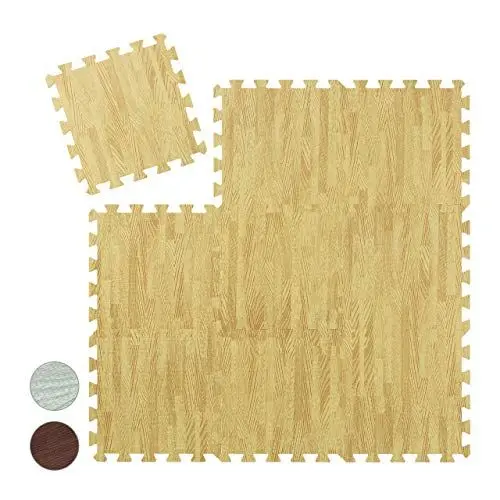 Produktbild: Relaxdays Bodenschutzmatte, 9 Puzzlematten f. Sport & Fitnessgeräte, 0,85 m², EVA Schaumstoff BPA-frei, Holzoptik, natur