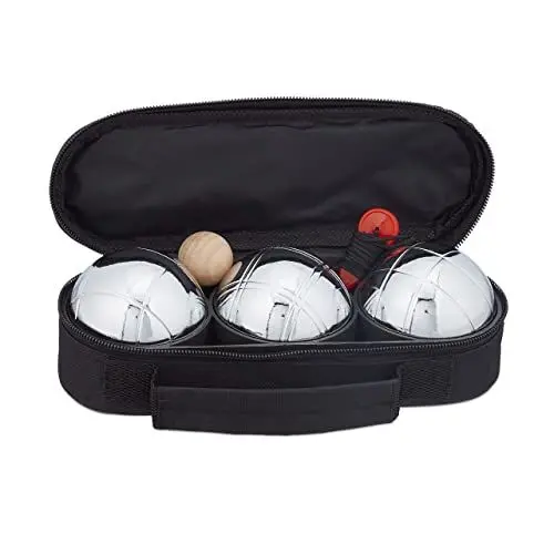 Produktbild: Relaxdays Boule Kugeln, 3 Metall Kugeln, Set mit Zielkugel & Abstandsmesser, Tragetasche, Boccia Spiel, silber/ schwarz