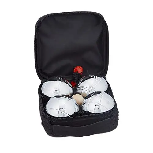 Produktbild: Relaxdays Boule Kugeln, 4 Metall Kugeln, Set mit Zielkugel & Abstandsmesser, Tragetasche, Boccia Spiel, Silber/schwarz