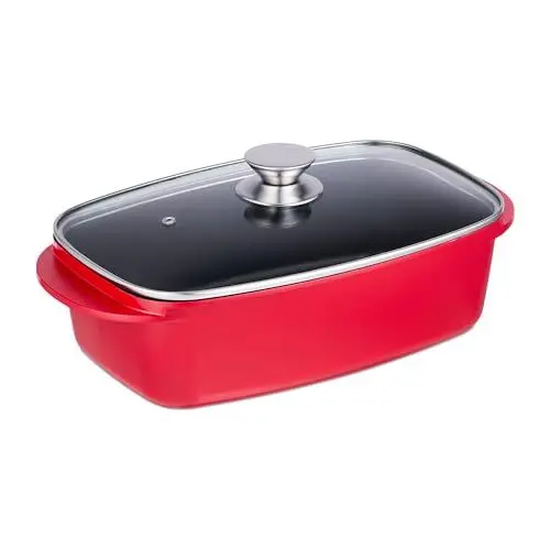 Produktbild: Relaxdays Bräter mit Glasdeckel, Bratentopf 5 Liter, beschichteter Aluminium Universalbräter, Elektro- & Gasherd, rot